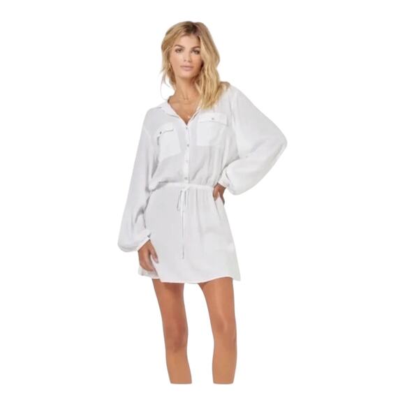 L*Space Amelia Long Sleeve Shirt Dress White Button Up Collared Womens Sz Medium - Picture 1 of 16